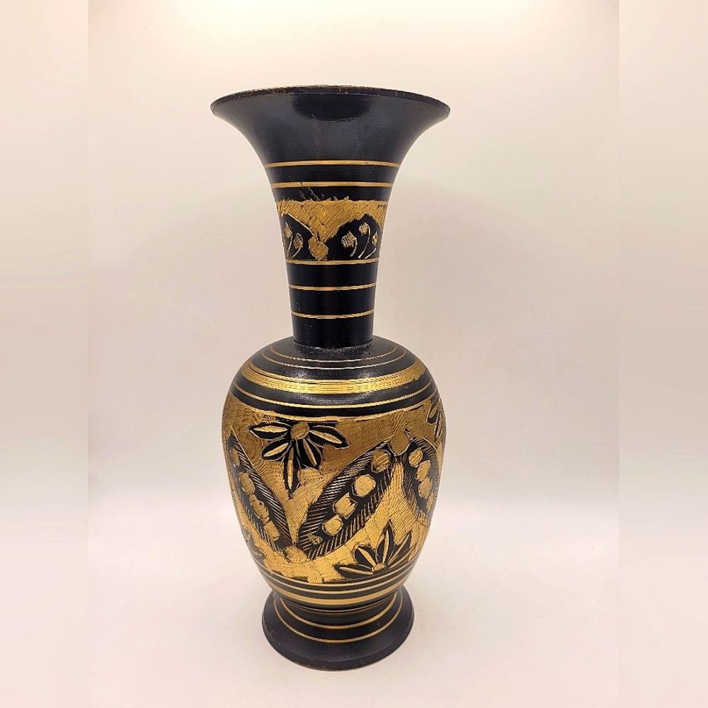 Vintage Etched Black And Gold Vase with Flowers and Leaves
